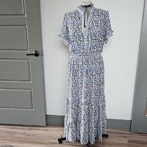 Max Studio Blue and White Floral Maxi Dress with Smocked Waist